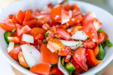 Macro closeup of homemade fresh salad with romaine lettuce, tomatoes, cucumbers and onions in bowl plate