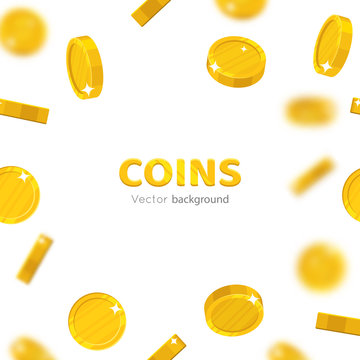 Flying gold coins cartoon frame. Background of the flying gold of coins in the form of a frame in a cartoon style. Cover gold pieces in the form of vector illustrations