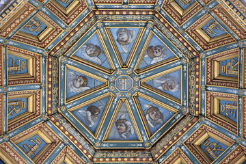 Carved and painted 19th century ceiling of the roof lantern of the Chapelle Haute Saint-Saturnin...