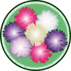 Autumn bouquet from asters in gentle tones inside green circle. Top view. Round greeting card