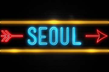 Seoul  - fluorescent Neon Sign on brickwall Front view