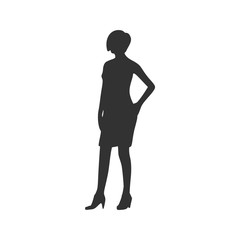 Business Woman in Short Dress. Black Silhouette Standing Full Length Over White Background. Vector Illustration. Half Turn View