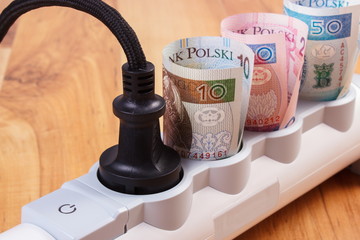 Rolls of polish currency money in electrical power strip with connected plug