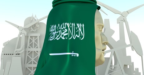 Arab business man in traditional cloth textured by flag of Saudi Arabia. Industrial isometric icons set. 3D rendering. Energy generation and heavy industry.