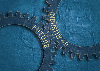 Industry four point zero text on the mechanism of gears. Communication concept in industrial design. Modern brochure design template. Grunge distress texture.