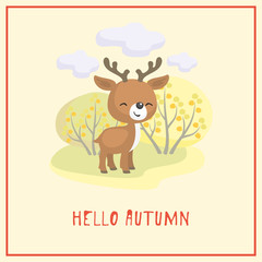 Hello autumn. Greeting card with the image of cute forest animal and trees in cartoon style. Children’s illustration. 