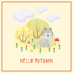 Hello autumn. Greeting card with the image of cute forest animal and trees in cartoon style. Children’s illustration. 