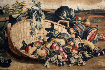 D&eacute;tail. L'&eacute;t&eacute;. 1673. A partir d'une s&eacute;rie de tapisseries des Gobelins sur les saisons, d'apr&egrave;s des dessins de Charles Le Brun. 1619-1690. Ch&acirc;teau de Fontainebeau. Fontainebleau castle.