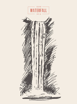 Vintage illustration of beautiful waterfall drawn