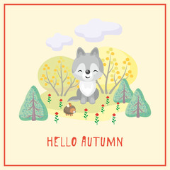 Hello autumn. Greeting card with the image of cute forest animal and trees in cartoon style. Children’s illustration. 