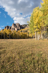 High Mesa Pinnacles in Cimarron Valley Colorado. Early Fall with approaching storm. 

