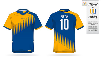 Naklejka premium Sport t-shirt or soccer jersey template for sport club. Sportswear shirt mock up. Front view and back view of football uniform. Clothing label for apparel detail and size. Vector Illustration.