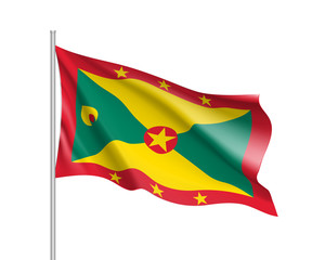 Waving flag of Grenada. Illustration of North America country flag on flagpole. 3d vector icon isolated on white background