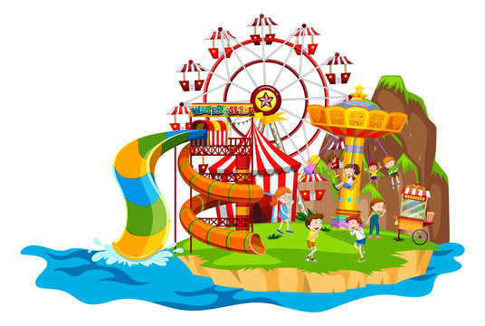 amusement park scene with water slide and ferris wheel clip art preview