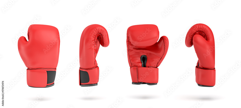 Poster 3d rendering of a red right boxing glove in four different angle views.
