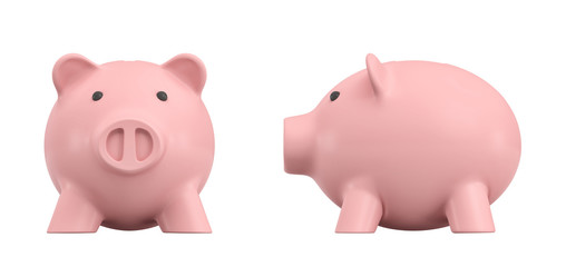 3d rendering of a pink ceramic piggy bank isolated on white background.