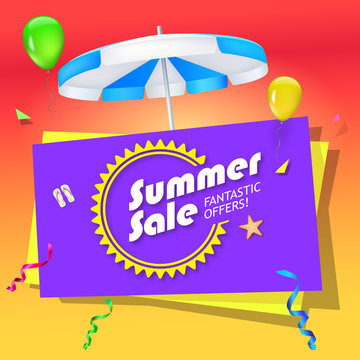 Summer sale, special offer sales banner with umbrella, slippers and starfish on bright, festive background. Design of summer promotional poster, editable 3D illustration.