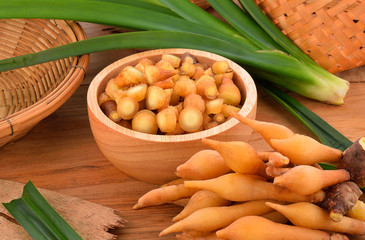 Fingerroot, Kaempfer, Boesenbergia on wooden floor