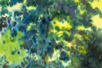 Abstract watercolor original painting green,blue colorof jungle