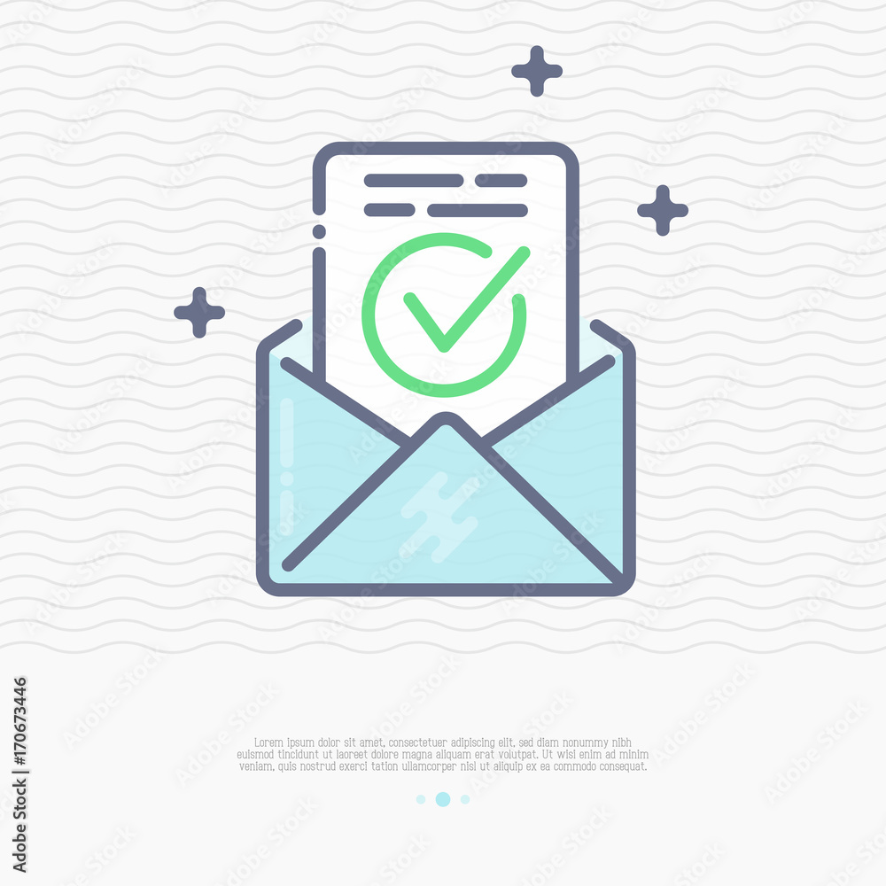 Poster envelope with approved document thin line icon. vector illustration of e-mail confirmation.