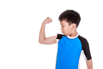 Asian strong boy is flexing his biceps muscle. Isolated on white background.