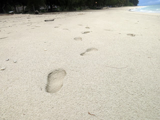 scenery of white sandy beach with foot steps on the island of Tioman, Malaysia