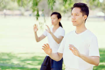 People practicing thai chi in park