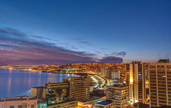Valparaiso in Chile with the Pacific Ocean before sunrise