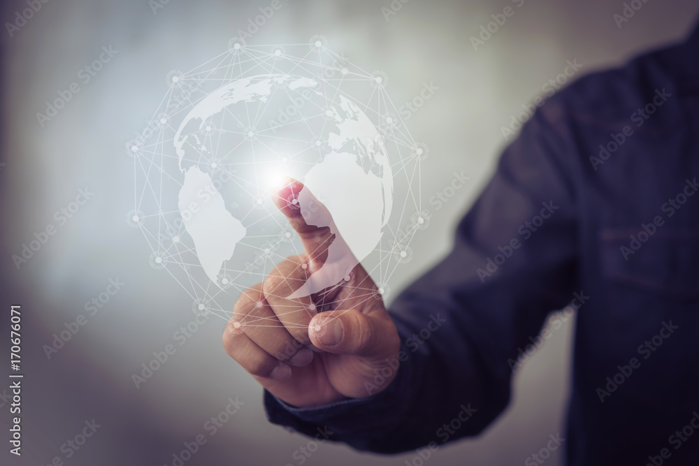 Poster businessman hand touching virtual button on earth map point with network connection, international m