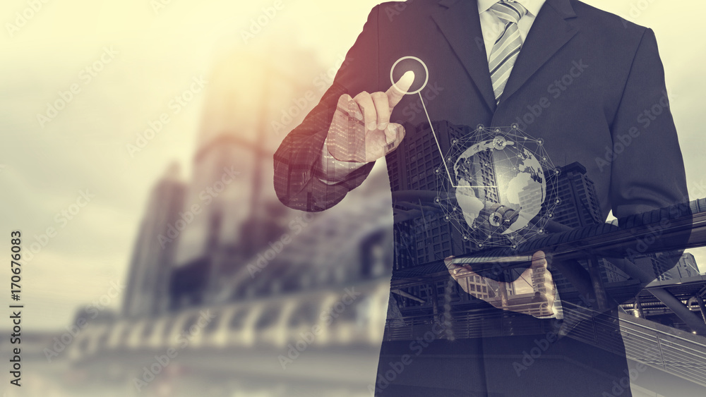 Poster businessman hand touching virtual button on earth map point with network connection, international m