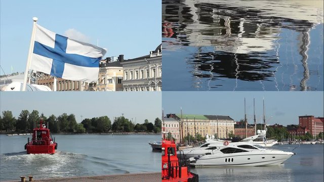 HELSINKI, FINLAND - AUG 2014: Flag of Finland Waving on city background, yachts in Helsinki marina