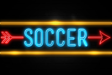Soccer  - fluorescent Neon Sign on brickwall Front view