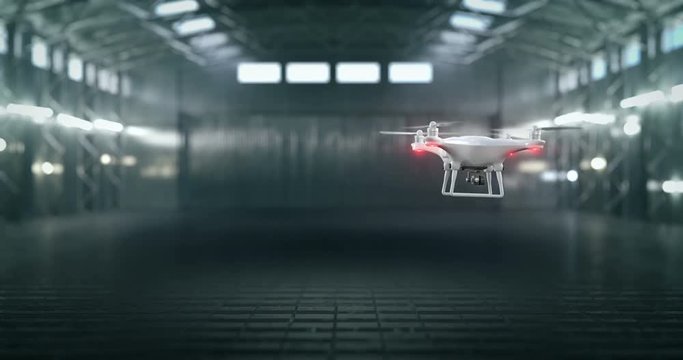 Drone quadrocopter with the camera takes off and flies in a circle, realistic 3D animation, looped video. With alpha matte