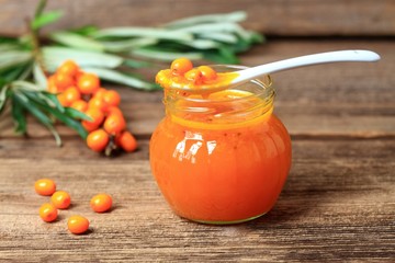 Homemade sea buck thorn jam, Hippophae rhamnoides, berries 