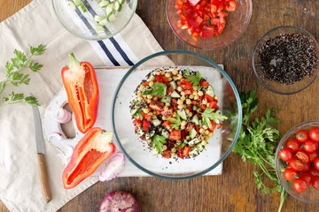 Aluminium Prints Cooking Summer Vegetarian Salad with Ingredients for cooking vegetarian healthy salad