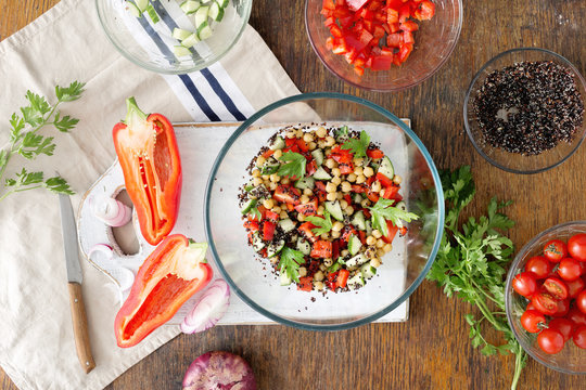 Summer Vegetarian Salad with Ingredients for cooking vegetarian healthy salad