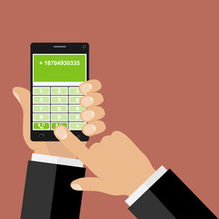 The hand dials the phone number, hands hold the phone