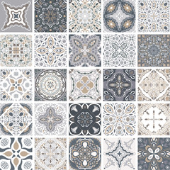 Traditional ornate portuguese decorative tiles azulejos. Abstract background. Vector hand drawn illustration, typical portuguese tiles, Ceramic tiles. Set of mandalas.