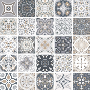 Traditional ornate portuguese decorative tiles azulejos. Abstract background. Vector hand drawn illustration, typical portuguese tiles, Ceramic tiles. Set of mandalas.