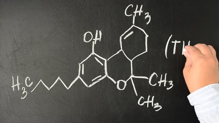 Tetrahydrocannabinol and drawn his chemical formula. Structural model of THC molecule on the blackboard. - Powered by Adobe