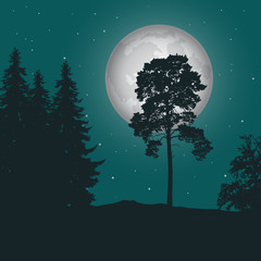Vector realistic illustration of a haunting forest with grass under a green night sky with moon