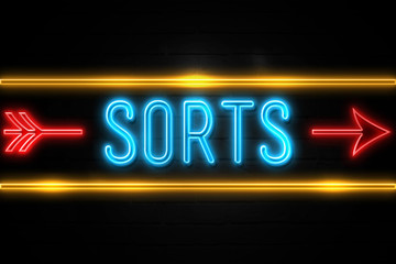 Sorts  - fluorescent Neon Sign on brickwall Front view