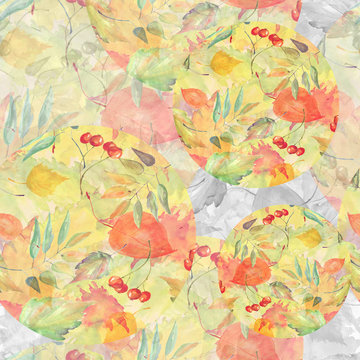 Seamless watercolor pattern with vintage pattern of autumn leaves and rowan berries, cherrys. On a white background. Green, yellow, orange, red colors © helgafo
