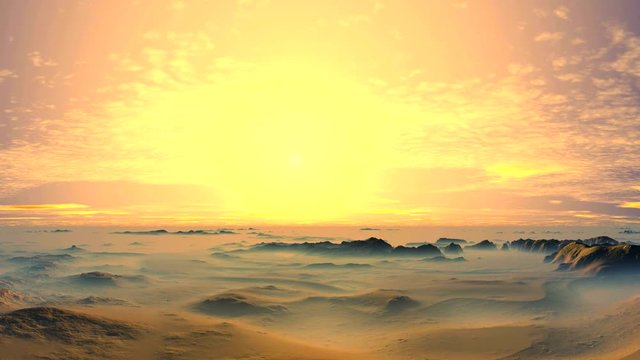 Beautiful Sunset in the Desert. The desert landscape is covered with a thick haze. In the evening sky, a bright yellow sun is hidden behind clouds, which slowly float and are painted in bright colors.