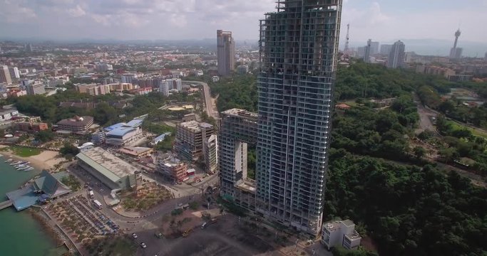 Beach-Side Developments At Pattaya City, Thailand, Descending Aerial Shot With Pan
