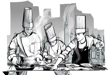 Gordijnen Chef-koks in een restaurantkeuken koken © Isaxar
