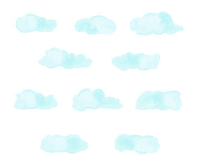 Set of light blue abstract clouds. Watercolor imitation. Hand drawn clouds. Vector illustration.