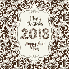Happy new year card with khohloma style floral pattern on background and sign 2018, marry christmas on the label. The card containes holiday template text. Vector illustration.