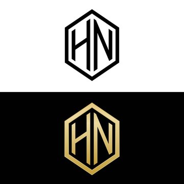 initial letters logo hn black and gold monogram hexagon shape vector