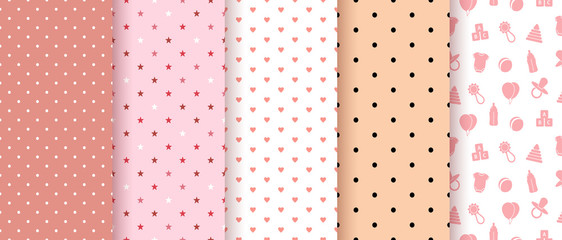 Seamless patterns for baby girl shower party. Set of cute pink backgrounds for invitation templates, scrapbook, cards. Vector illustration. 